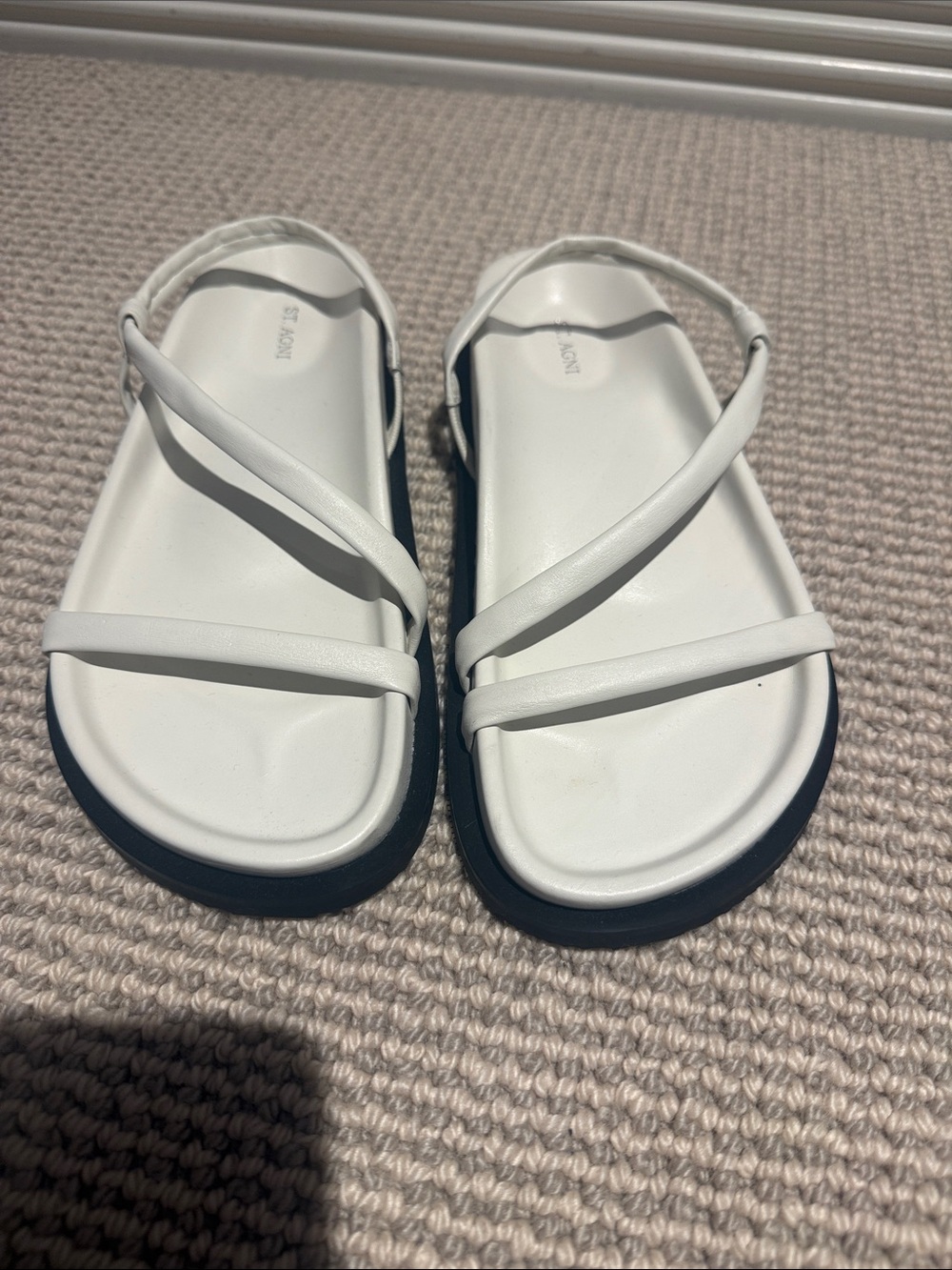 St. Agni White Strappy Flat Sandals with Black Sole. Never worn.